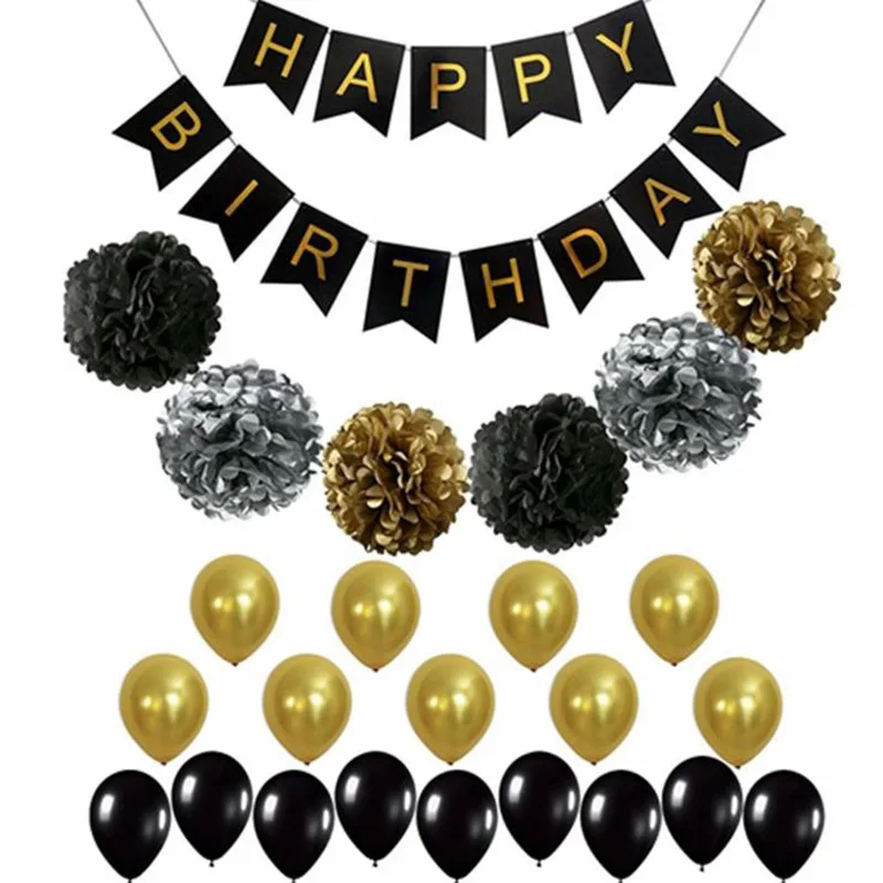 1 Set Black Gold Happy Birthday Banner Balloons Helium Number Foil Balloon Metallic Foil Shine Party Accessories Home Decoration