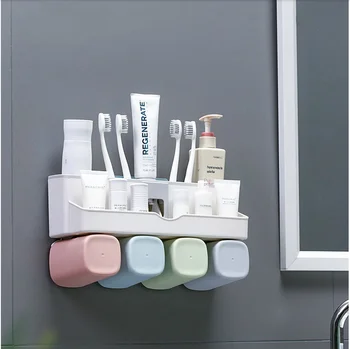 

Creative Toothbrush Shelf Toiletry Storage Rack With Mouthwash Cup Multi-divided Storage Free Punching Bathroom Accessories