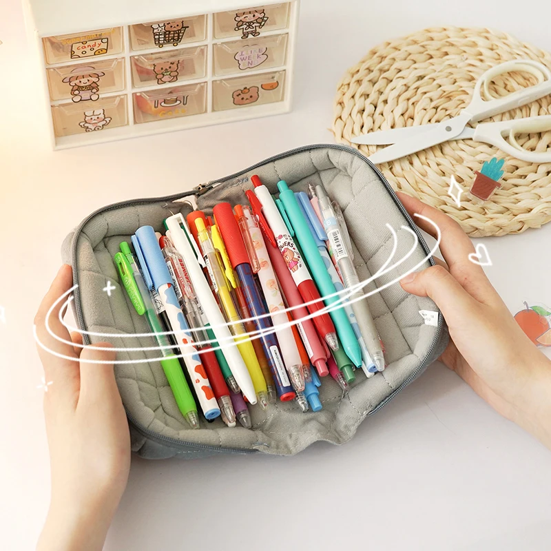 Trousse à crayons en toile kawaii, sac d'oreiller mignon, grande capacité,  rangement de couleur unie, trousse à cosmétiques simple, papeterie -  AliExpress