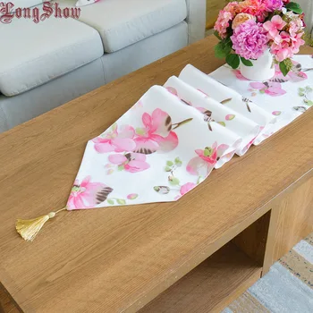 

Creative Home Decorative Pink Color Mesh Fabric Polyester Table Runner Bed Flag TV Cabinet Cover With Tassels