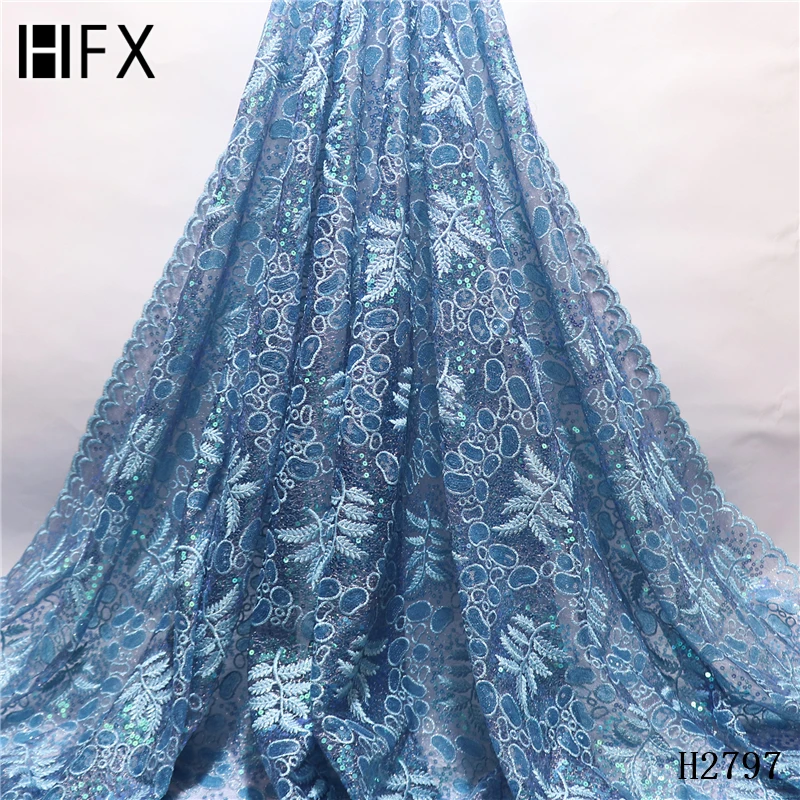 

HFX Latest African Tull Lace Fabrics High Quality 2019 Nigerian Lace Fabric with Sequins Sequence Lace for Women Dress H2741