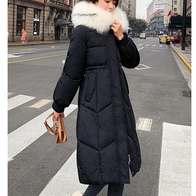 Bella Philosophy/зимнее женское повседневное пуховое пальто с капюшоном и меховым воротником, длинное пуховое пальто на молнии, женская теплая куртка-пуховик