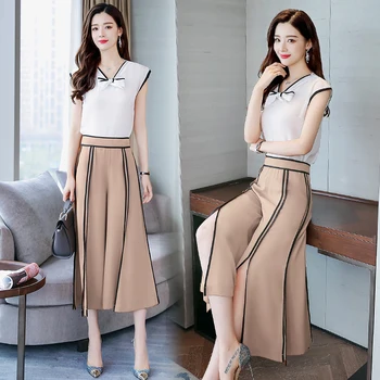 

2020 women pieces sets woman short sleeve v neck tops and wide leg pants sweet girls two piece suits
