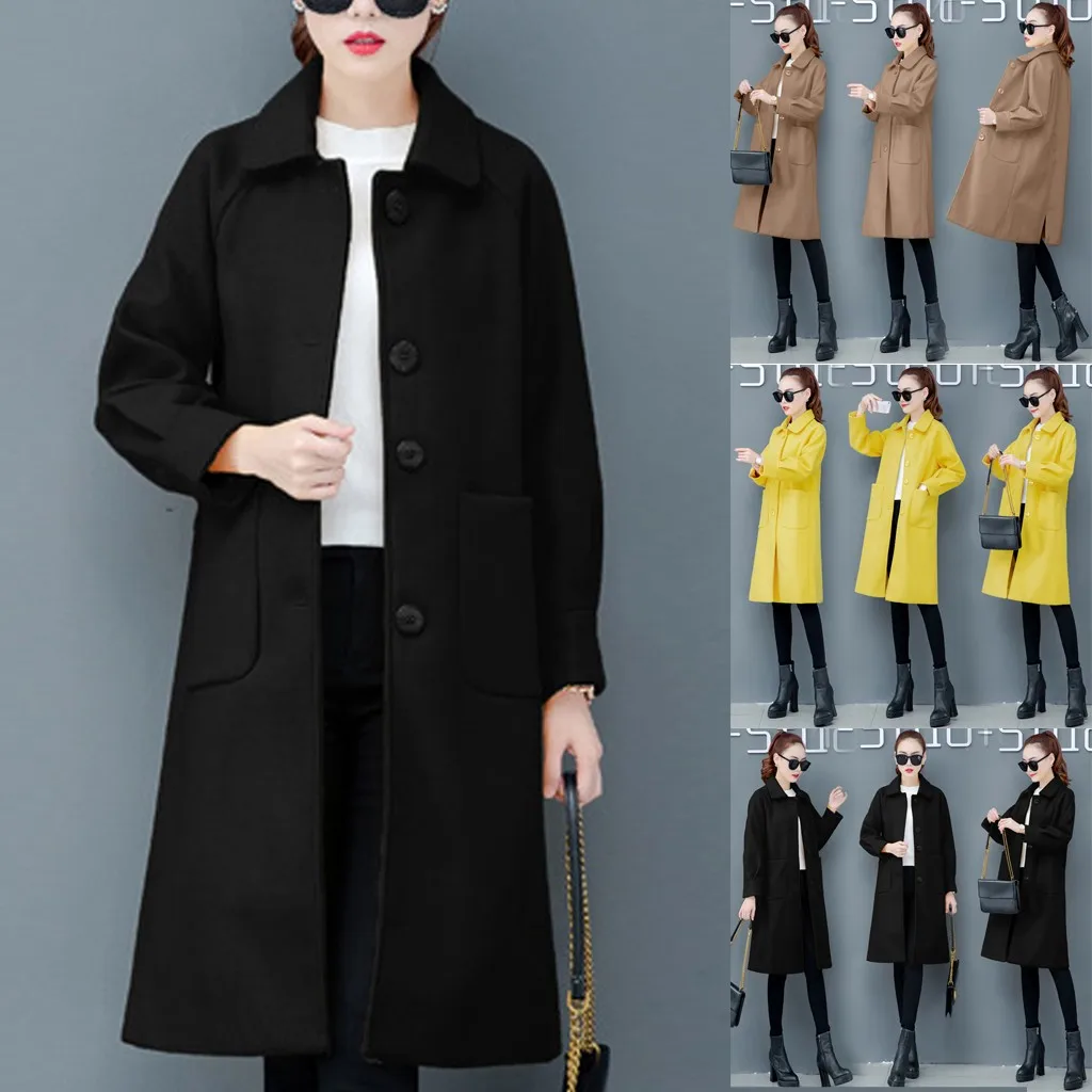 Women Warm windproof Overcoat Work Solid Vintage Winter Office Long Sleeve Button Woolen Jacket Coat Cappotto da donna#3