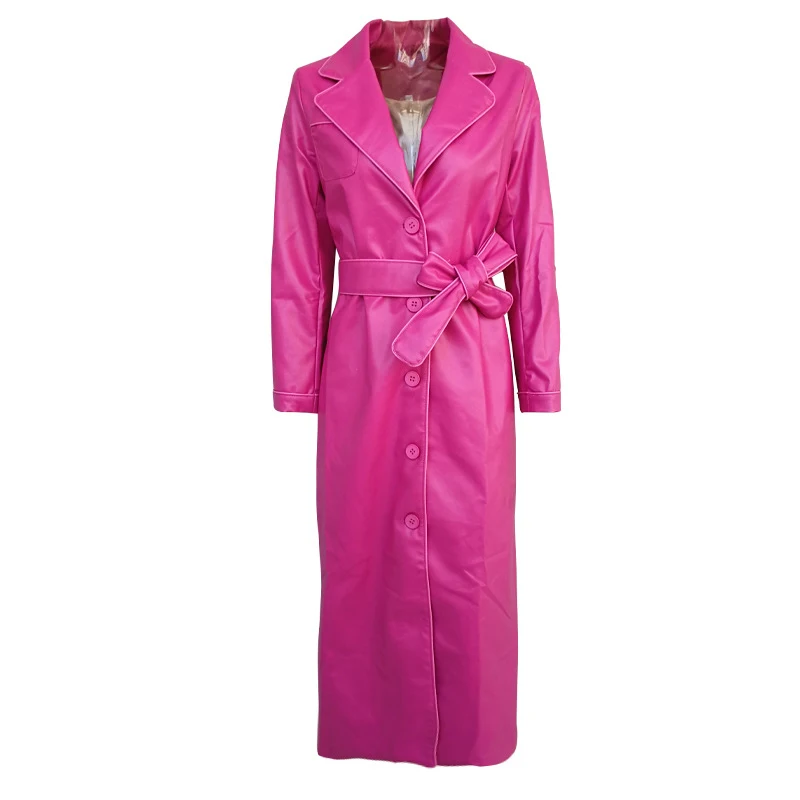 GBYXTY dames regenjas Women's PU Leather Windbreaker Notched Collar Long Sleeve Belt Bandage Long Trench Coat Autumn ZA1734 - Цвет: rose red