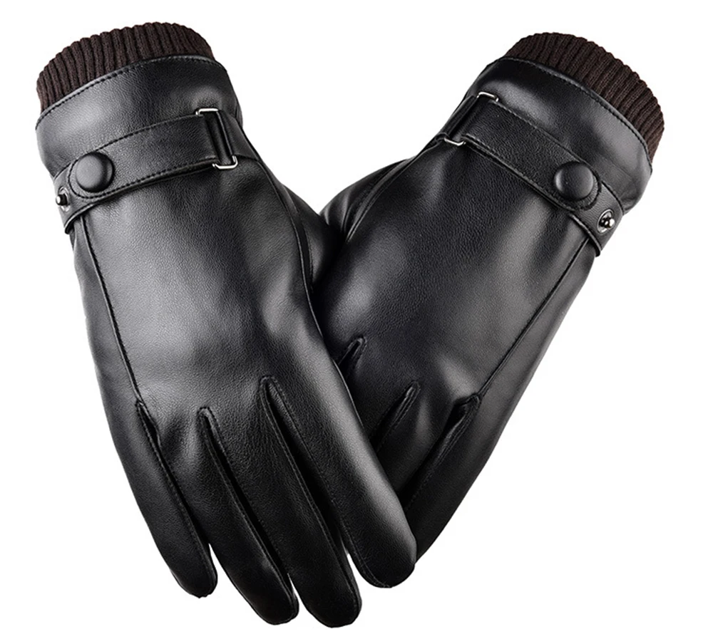 Модные мужские зимние Искусственные кожаные перчатки плюс бархатные осенние зимние теплые перчатки с сенсорным экраном на весь палец женские черные перчатки