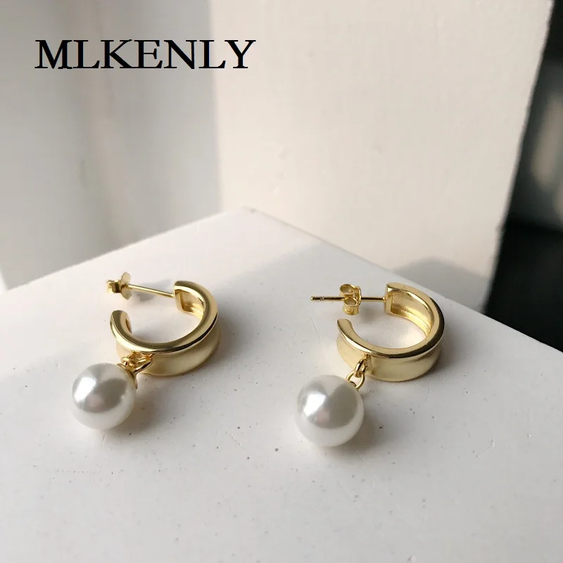 MLKENLY 925 серебро серьга-гвоздик модная Мода темперамент C круг тяжелый жемчуг