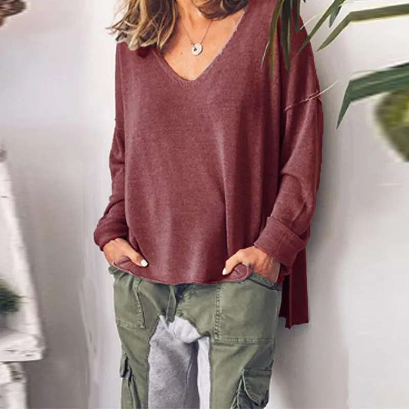 Wine Red ZANZEA женские осенние блузки стильные одноцветные Топы повседневные блузы с v-образным вырезом женские рубашки с длинным рукавом сорочка 5XL Туника большого размера - Цвет: Wine Red