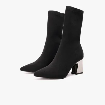 

Women's shoes 2019 Martin boots square thick heel pointed fashion socks boots black 7 cm high heel casual women's short boots