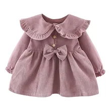Осеннее платье для девочек; коллекция года; однотонное платье с оборками и бантом для маленьких девочек; повседневная одежда; vestido infantil; одежда для маленьких девочек