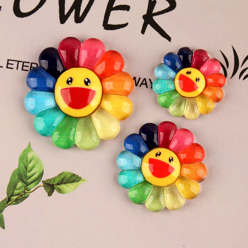 100pcs 23/28/35mm Lovely Colorful Fashion Cute Smiling Face Sunflower Resin Charms for DIY Hair Accessories Jewelry Making