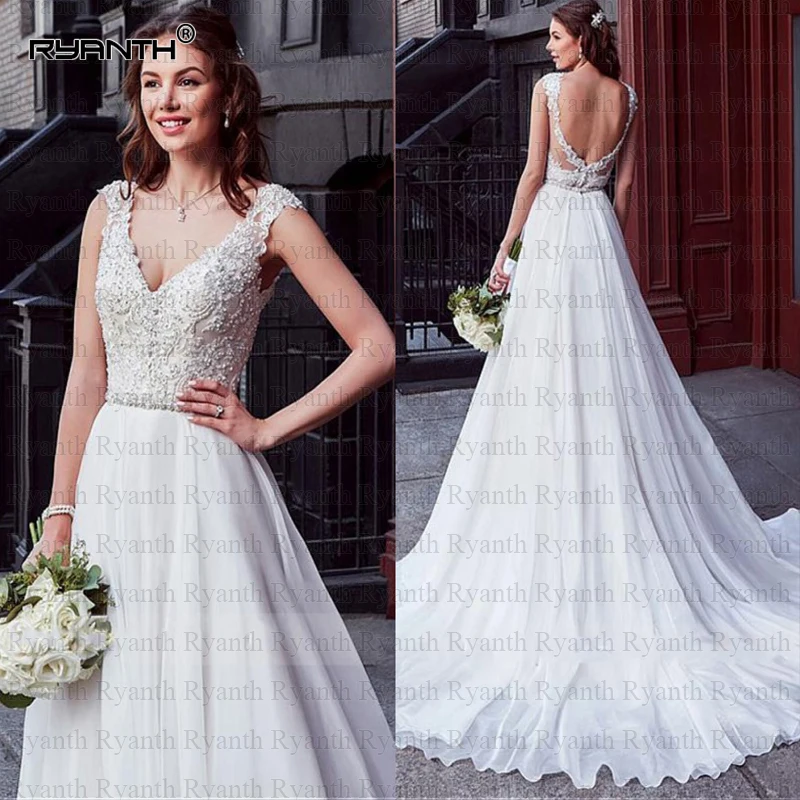 

Cheap Vestido de noiva Custom Made Backless Boho Wedding Dress 2020 Sexy V Neck Lace Chiffon Wedding Gowns Robe de mariee
