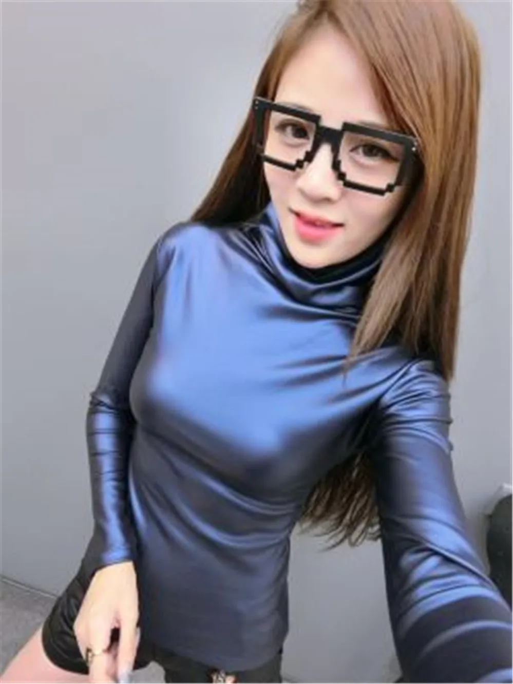 Korean Fashion 2020 Autumn and Winter New Fashion Turtleneck Solid Color PU Leather Long-sleeved Fleece Jacket Slimming Top 5