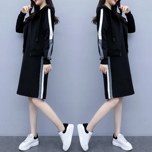 

Spring New Style Two Piece Dress Set Women Plus Size Xl-5xl Women Suit Set Outfit Dress And Coat With Hooded Designs Work Wear