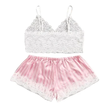 

Women 2 Pcs Sleepwear Set, Sexy Eyelash Lace Pajamas Sling Cami Tops + Striped Short Pants Bowknot Underwear