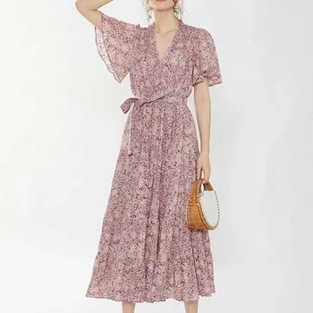 

Flower Print Cotton Maxi Women Dress Vintage Pink Floral Print V-neck Short Sleeve Summer Dresses Boho Beach Belt Long Dress New