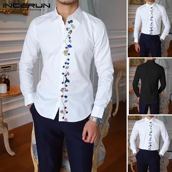 

INCERUN Mens White Shirts 2020 New Brand Floral Lapel Long Sleeve Tops Button Elegant Camisa Men Party Social Business Blouse