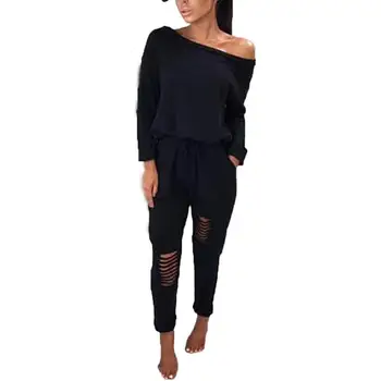 

Casual Women Long Sleeve One Shoulder Holes Waist Drawstring Pants Jumpsuit