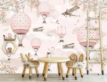 

CJSIR Large Custom Wallpaper Mural Cartoon Hot Air Balloon Aircraft Pink Sky Hand Painted Children's Room 3d Wallpaper Decors