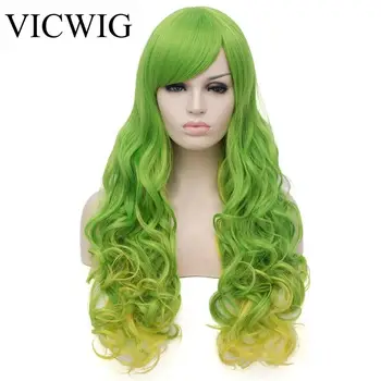

70CM Long Wavy Wigs Cosplay Green Mixed Yellow Synthetic Women' s Heat Resistant Hair