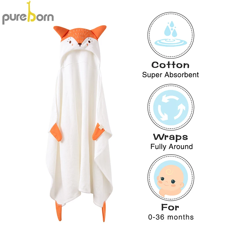 pureborn Newborn Baby Bath Towel Cartoon Animal Hooded Unisex Baby Towel Blanket for Boys Girls Baby Stuff