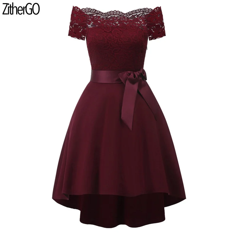 Wine Red ZitherGo, летнее женское кружевное платье, для официальных мероприятий, элегантное платье, сексуальное кружевное платье высокого качества, с бантом на поясе, женское облегающее платье - Цвет: Wine Red