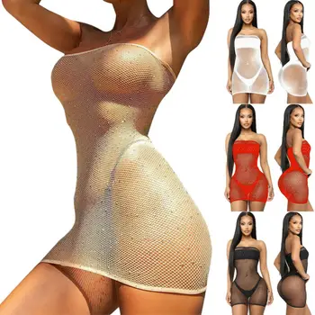 

Women 2020 Newest Shiny Bronzing Bandeau Fishnet Mesh Sheer Bikini Cover Up Bathing Summer Beach Dress Suit See Through Swimsuit