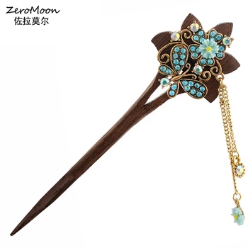 

Vintage Wood Hair Sticks Crystal Rhinestone Butterfly Flower Hairpin Women Metal Tassel Chain Hair Accessory Fashion Jewelry