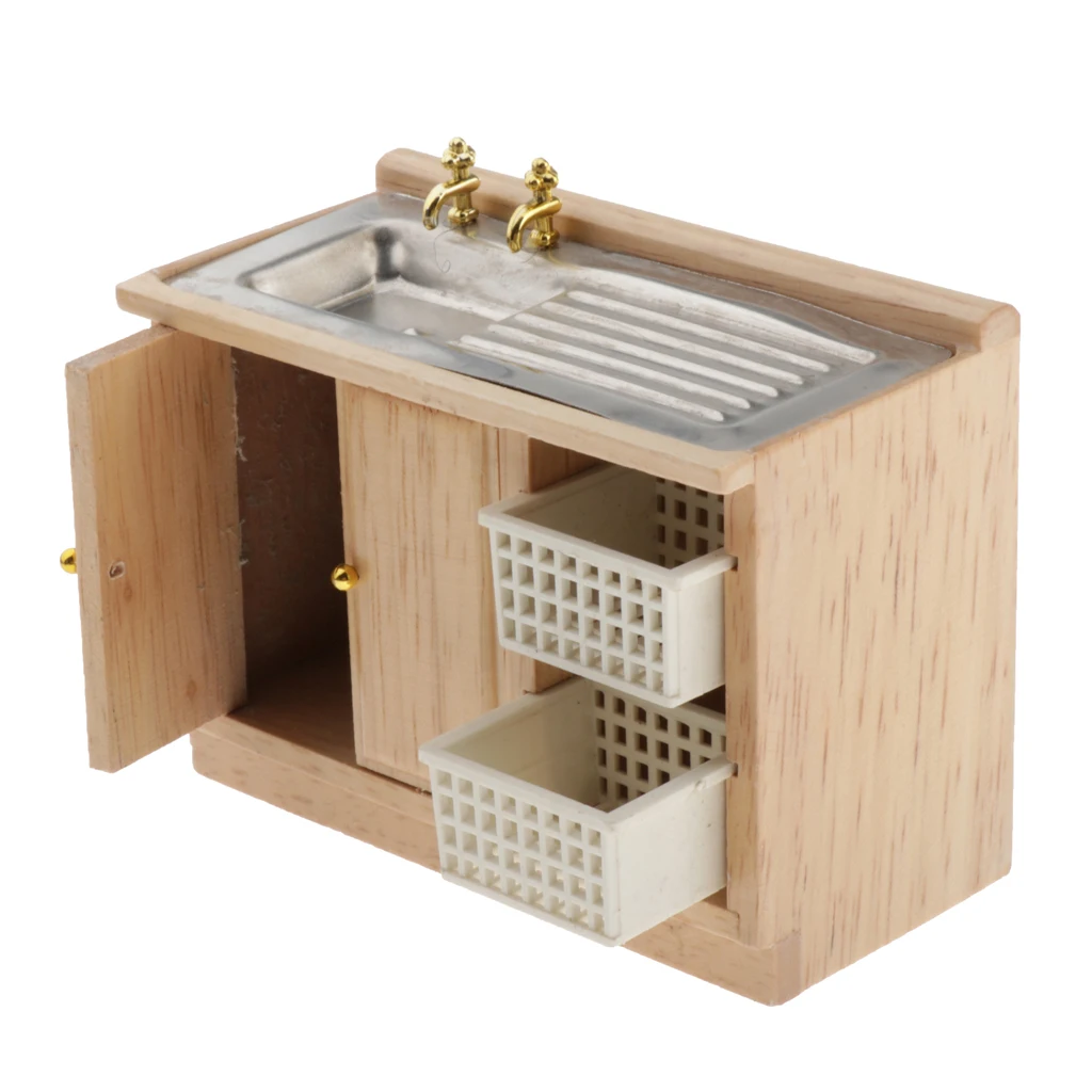 Deluxe Wooden 1/12 Dollhouse Kitchen Miniature Cupboard Wash Basin Sink DIY Decorations