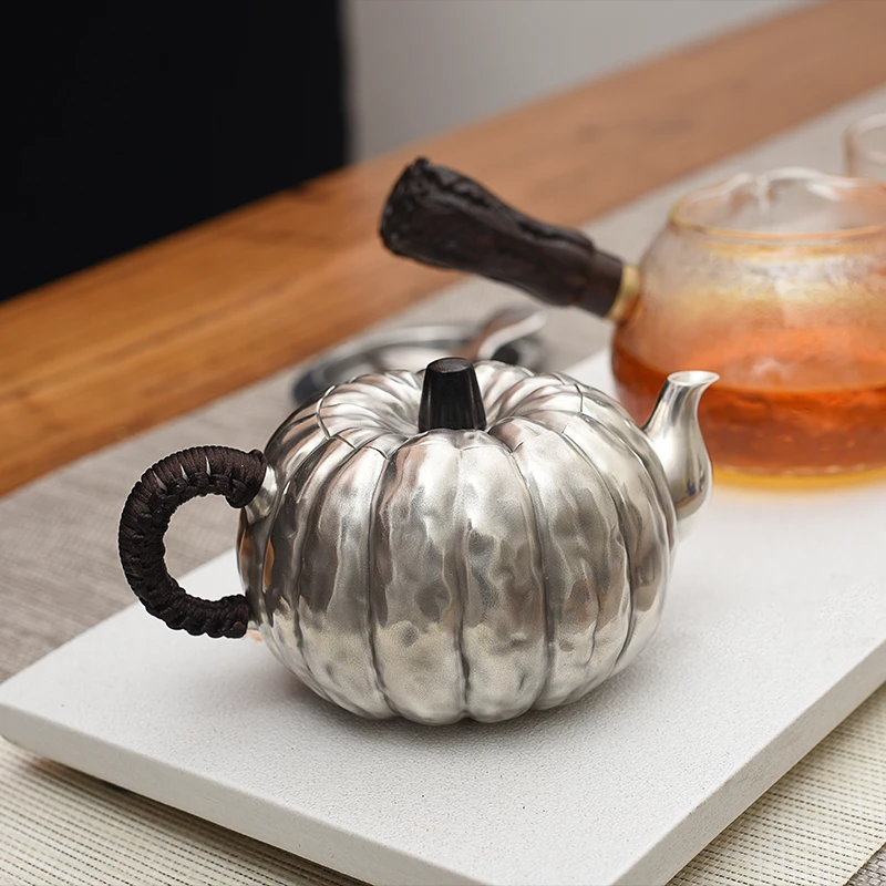 

Pure handmade 999 sterling silver pot Kung Fu tea set pumpkin bubble teapot silver kettle foot silver tea