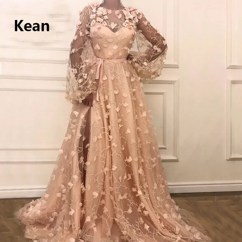 

Peach Muslim Evening Dress Flowers Lace Full Sleeve Lantern Slit Islamic Dubai Kaftan Saudi Arabic Evening Gown Prom Dress