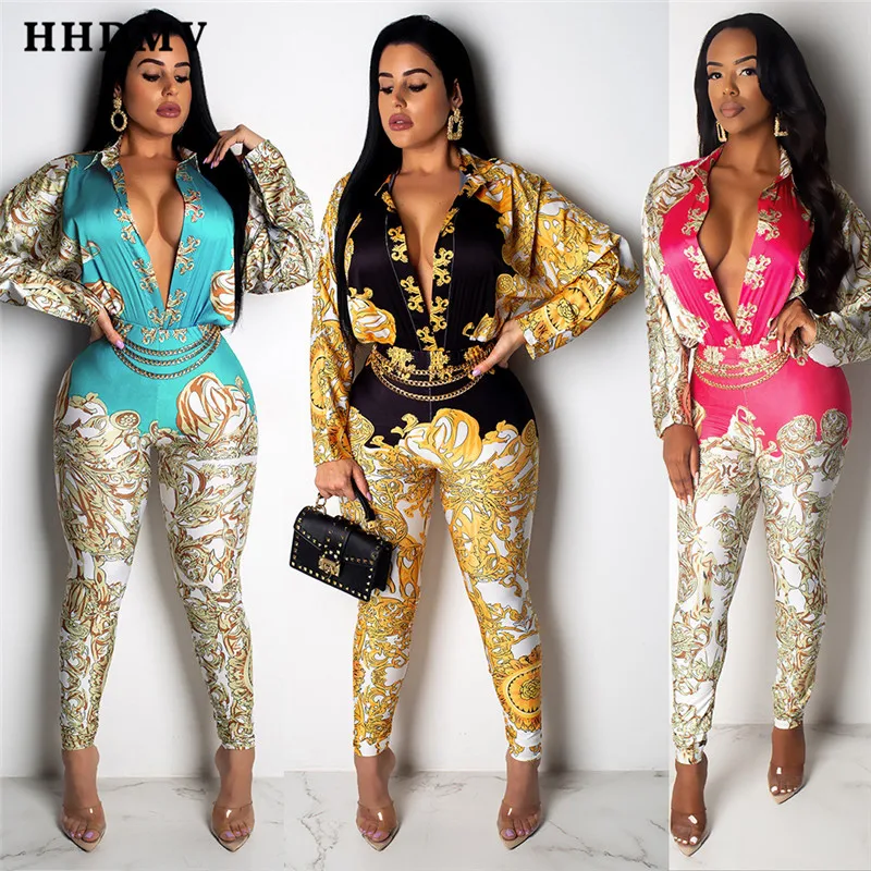 

HHDMV SN4400 summer women 2019 new hot sale long sleeve lapel deep v printed tight restoring ancient ways jumpsuits long pants