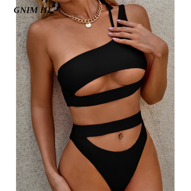 

GNIM Sexy Hollow Out Swimwear Women Push Up One Shoulder Bikini Mujer 2020 Solid Backless Swimsuit 2 Pieces Summer Beach Wear