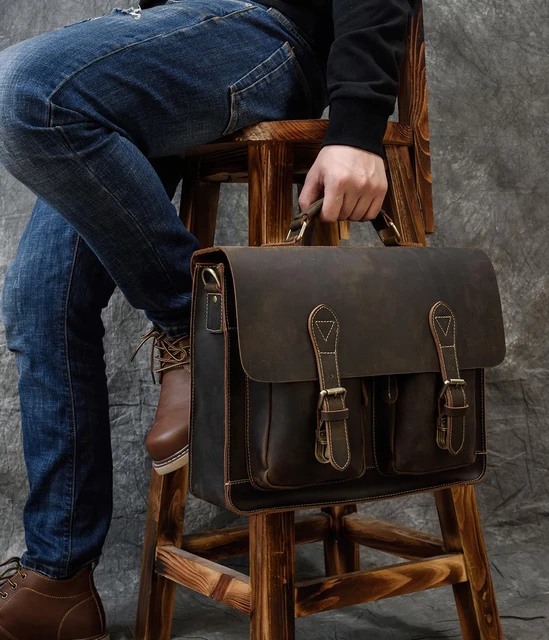 Vintage Men Briefcase Crazy Horse Genuine Leather Man Male Laptop Handbag  Large Shoulder Messenger Portfolio Bag Business Case - AliExpress