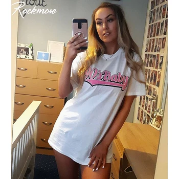 

Rockmore Letter Printed Long T-Shirts Plus Size Tee Shirts For Ladies Cotton Baggy White Tshirt Women Streetwar Casual Basic Top