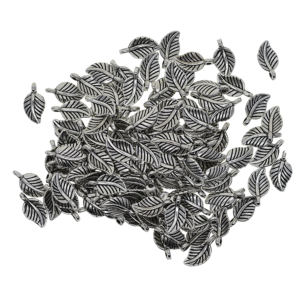 100x Retro Antique silver color Leaf Charms Dangle Beads DIY Pendant Jewelry Craft