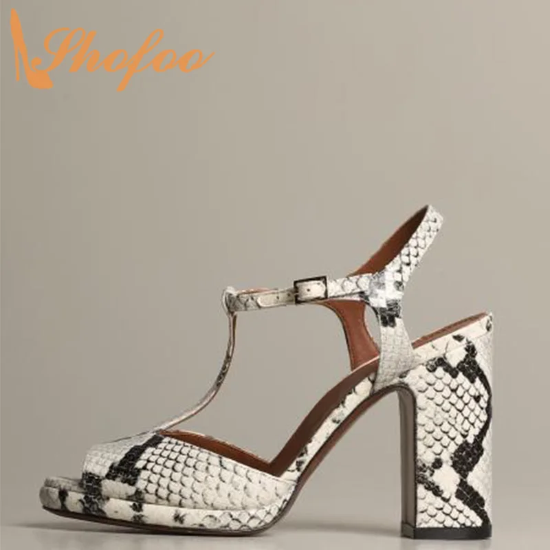 

White Black Snake Prints Women Sandals High Chunky Heels Buckle T Strap Ladies Summer New Fashion Shoes Large Size 13 15 Shofoo