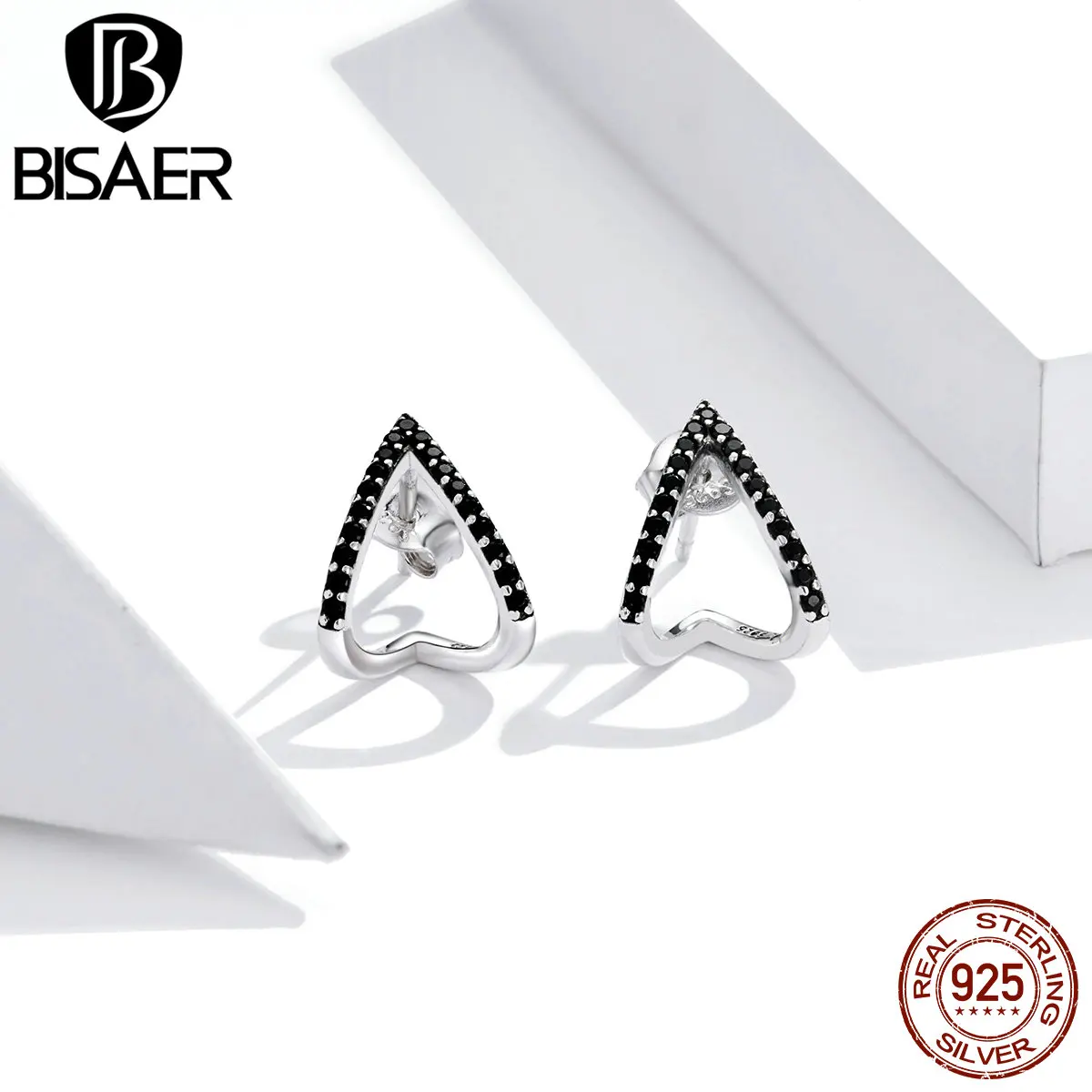 

BISAER Earrings 925 Sterling Silver Simple Geometry Stud Earrings for Women Black Zircon Small Fashion 2020 Jewelry Gift GXE924