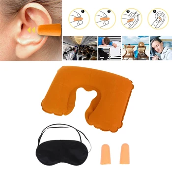 

New 1 Set Portable Inflatable Flight Pillow Neck U Rest Travel Accessories Air Cushion Eye Mask Earplug Kit For Travel Home
