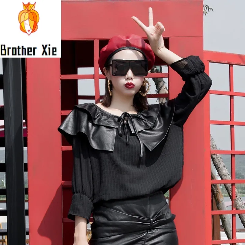 

2020 Summer Women Genuine Leather Spliced Chiffon Tops Jacket Fashion O-Neck Real Sheepskin Flare Sleeve Clothes Female Casual