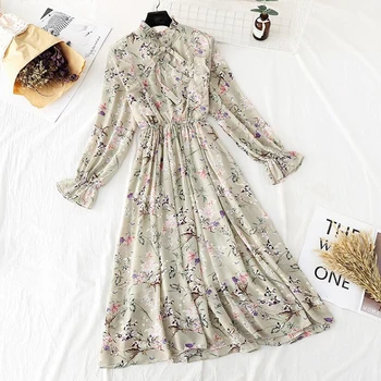 

Women Flower Print A-Line Chiffon Dress Long Sleeve Ruffles Mid-Calf Party Dresses Vestidos 2020 New Elastic waist Vintage Dress