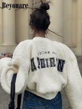 

Beyouare 2022 Winter Lamb Wool Coat Women Letter Embroidery Cotton Long Sleeve Zipper Crop Top Casual Elegant Jacket Streetwear