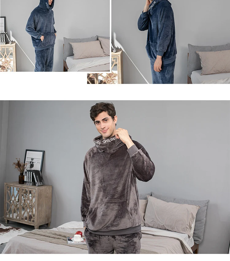Oversize Loose Pajamas for Men Two Piece Suit Flannel Homewear Casual Hooded Winter Home Clothes Thick Plus Velvet Man Sleepwear cotton pajamas for men