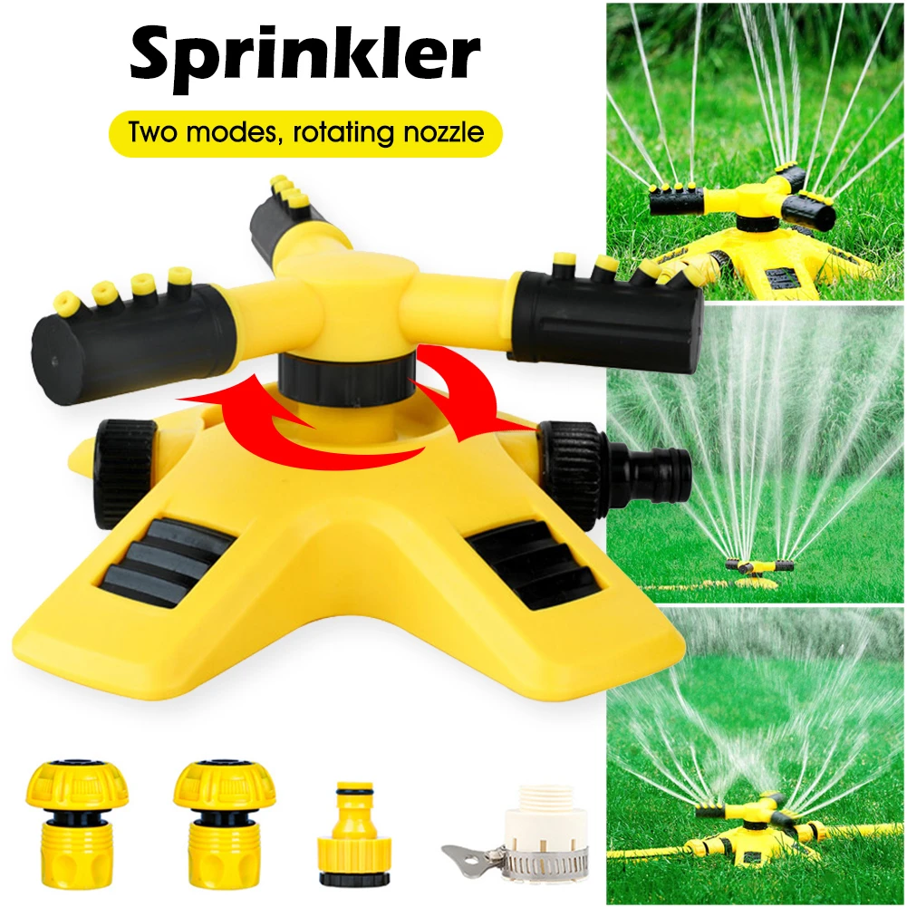 2 Modes Sprinkler Watering System Automatic 360 Degree Rotating Nozzle 3-Arm Grass Lawn Irrigation Sprinkler with Connectors