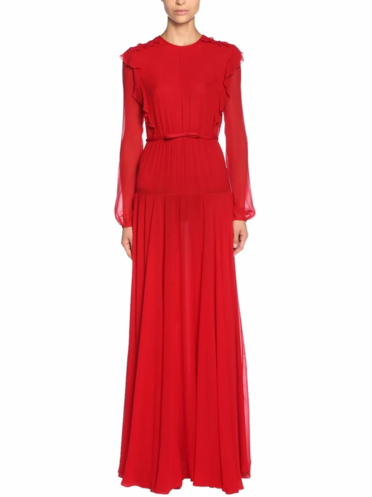 

Women Maxi Dress 2019 High Quality Runway O-Neck Long Sleeve Ruffles Ladies Causal Long Dress Vestidos NP0758W