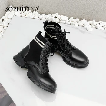 

SOPHITINA Genuine Leather Women Boots Winter Handmade Lace-Up Med Heel Shoes Basic Round Toe Outside High Heel Lady Boots MO274