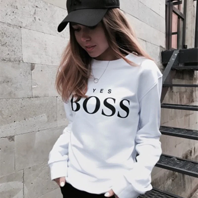 Осенняя женская кофта да с надписью Boss печатных свитер круглым вырезом и