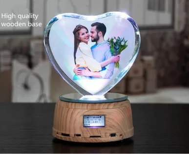 Personalized Photo LED Night Light Wood Base Crystal Photo MP3 Music Swivel Display Bluetooth Lamp RGB Remote Control For gift Big heart wood base