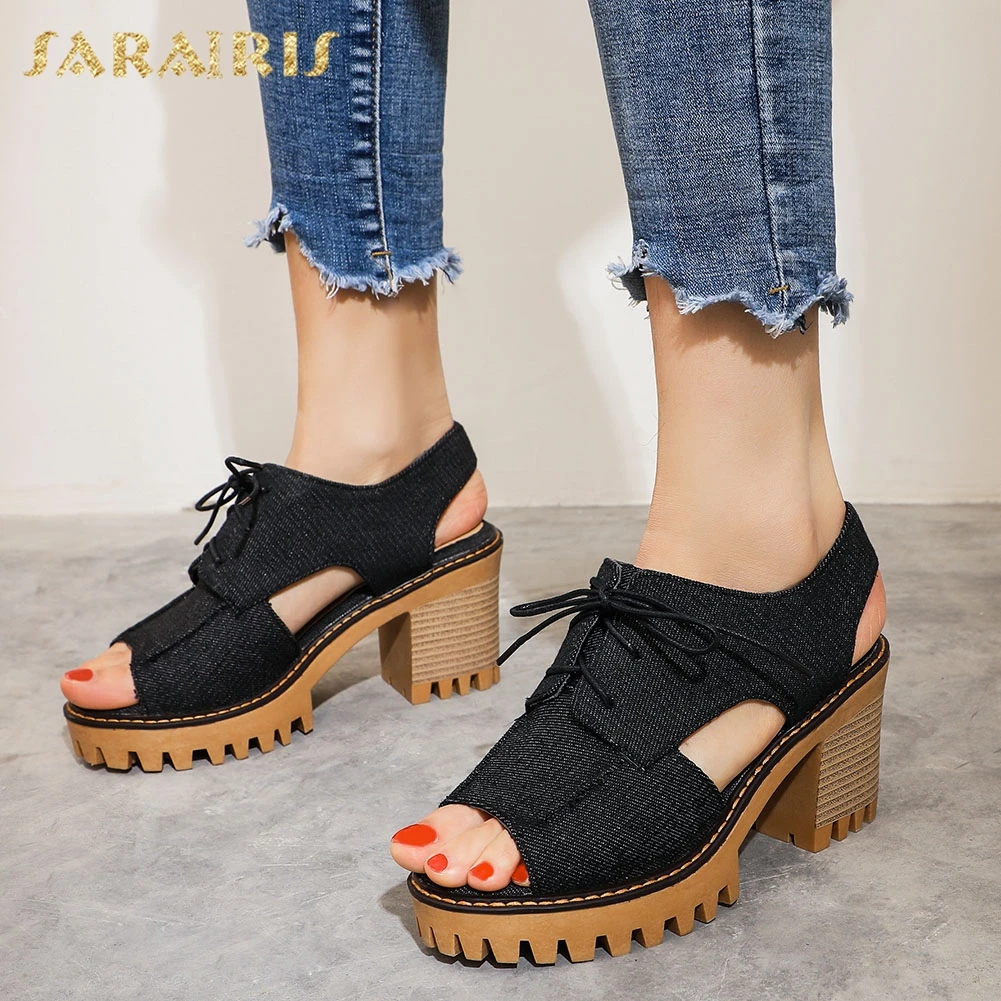 

Sarairis 2020 New Fashion Large Size 43 Peep Toe Square Heels Summer Sandals Woman Shoes Lace Up Platform Dropship Shoes Women