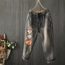 Винтажные повседневные свободные женские джинсы с вышивкой, длиной до щиколотки, с эластичной резинкой на талии, в винтажном стиле, с завязками, большие размеры